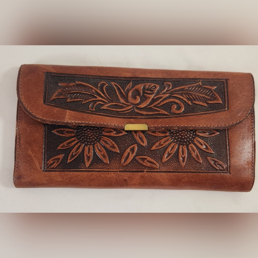 Vintage Brown Leather Tooled Wallet from Puerto Villarta